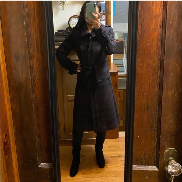 Burberry Wool Lambswool Plaid Checkered Belted Pea Coat Trench Long Fitted